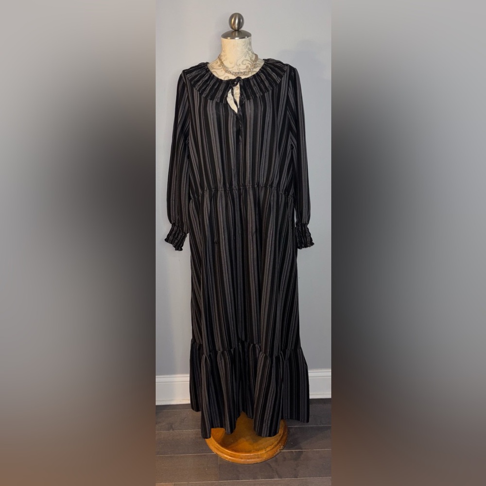 🆕 TERRA & SKY Peasant Tiered Long Sleeve Dress Plus 2X BIkat Stripe Black #H